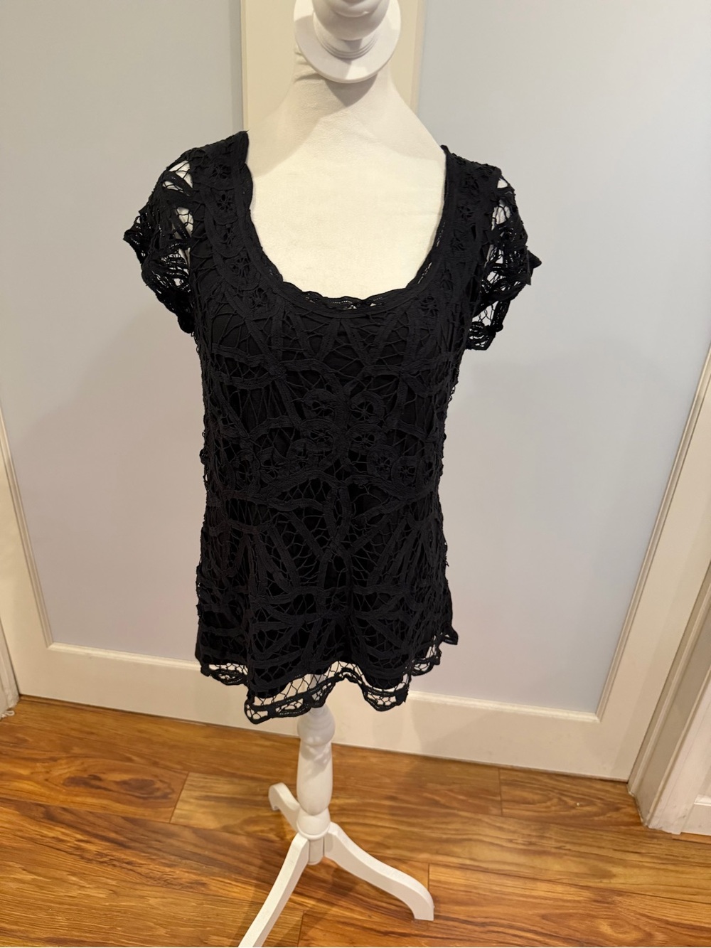 Black Crochet Scoop Neck Tunic Top